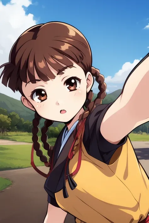 <lora:Watanuki_Yumiko:0.8>WatanukiYumiko, 1girl, solo, brown hair, gloves, brown eyes, akizuki ritsuko, braid, foreshortening,
outdoor, sky, sunshine, 18 years old, adult,