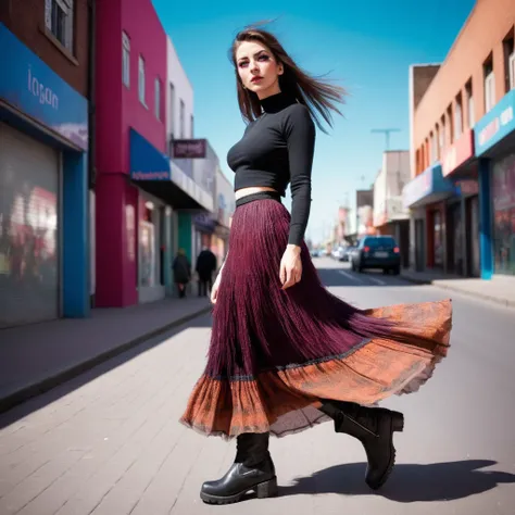 Cinematic photograph. Woman wearing a long skirt and top and boots with very long eyelashes. Vivid colour. Extremely interesting street scene with clear sky. <lora:eyelashes:1>