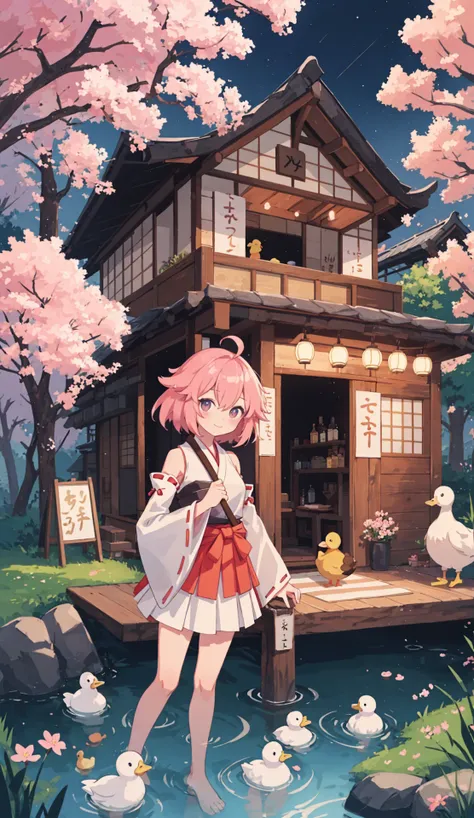 (masterpiece,best quality,highres,colorful,1girl,solo),izakaya,hut,sakura,town,city,village,night,nature,forest,stream,chicken,duck,short hair,ahoge,(detached sleeves,miko,skirt),looking at viewer,