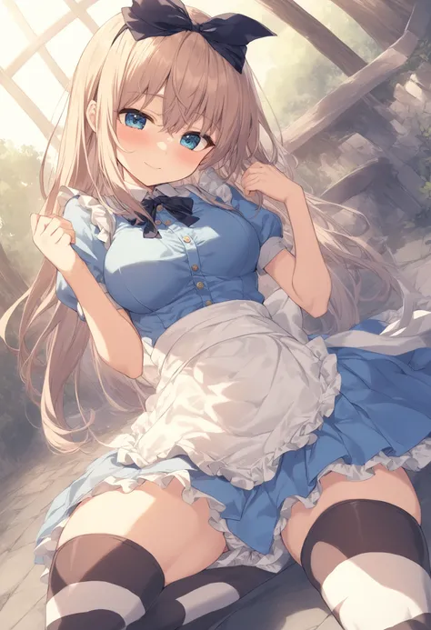 1girl, <lora:sdxl2-flat2-512b:-1>,medium breasts,solo,
<lora:alicecosXLv2:0.8>,alicecos,thighhighs,legwear,hair ribbon, blue dress,short sleeves, frills apron,  puffy short sleeves,
dutch angle, fisheye lens, looking down, happy, schoolyard, closed mouth,
...