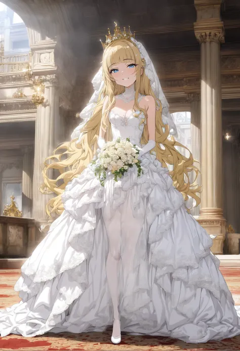 (masterpiece, best quality:1.2), 1girl, solo, long hair, blonde hair, blue eyes, crown, bride, smile, proud. cowboy shot, full body, indoors, palace, closeup  <lora:Princess sdxl_lora:1><lora:MeMaXL_V2:0.9>