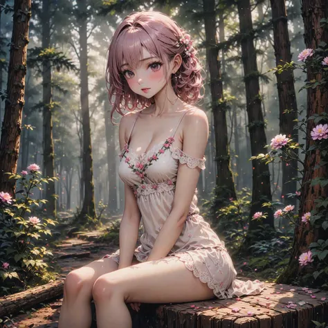 (masterpiece:1.2),(best quality:1.2), intricate details, newest, ai-generated,perfect anatomy,
beautiful girl in pinc hair, in bare shoulders camisole with lace flower decoration, sit on wood at deep forest