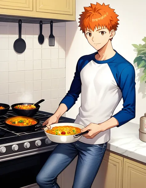 score_9, score_8, score_7, source_anime,
rating_safe,
1boy, solo, looking at viewer, light smile, emiya shirou, fate/stay night, brown eyes, orange hair, white shirt, long sleeves, blue sleeves, raglan sleeves, jeans, cooking, kitchen