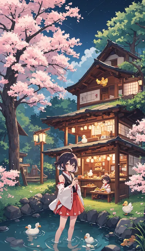 (masterpiece,best quality,highres,colorful,1girl,solo),izakaya,hut,sakura,town,city,village,night,nature,forest,stream,chicken,duck,food,short hair,ahoge,detached sleeves,miko,skirt,looking at viewer,