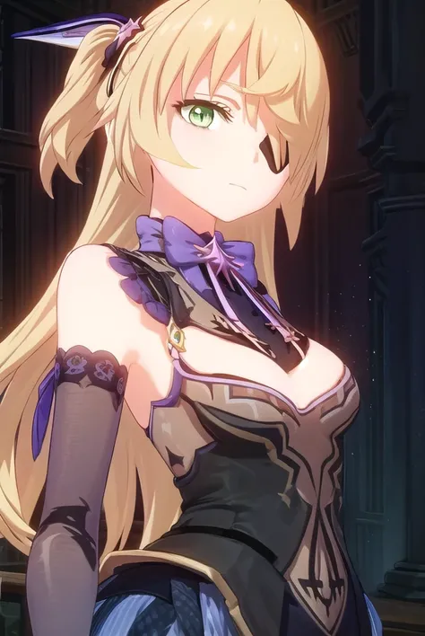fischl, <lora:genshin fischl ingame-lora-nochekaiser:1>,
fischl, long hair, bangs, blonde hair, ribbon, (green eyes:1.3), hair ribbon, hair over one eye, two side up, eyepatch
BREAK gloves, bow, bare shoulders, black gloves, elbow gloves, bowtie,
BREAK out...