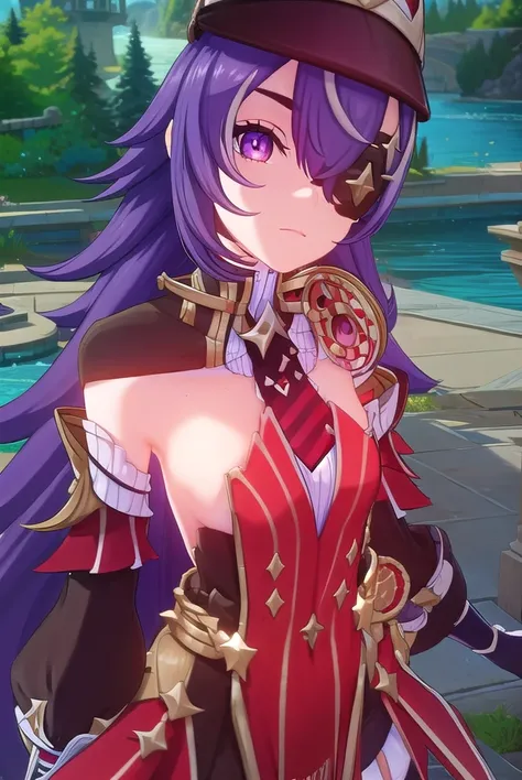 chevreuse, <lora:genshin chevreuse ingame-lora-nochekaiser:1>,
chevreuse, long hair, bangs, hair between eyes, (purple eyes:1.1), purple hair, (eyepatch:1.5),
BREAK gloves, hat, dress, bare shoulders, detached sleeves,
BREAK outdoors,
BREAK looking at view...