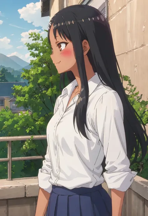 best quality, masterpiece, highres, solo, {nagatoro_hayase_donttoywithmemissnagatoro:0.90}, 1girl, blush, profile, school_uniform, smile