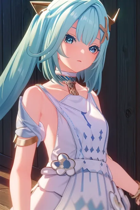 faruzan, <lora:genshin faruzan ingame-lora-nochekaiser:1>,
faruzan, long hair, bangs, hair ornament, twintails, blue hair, ahoge, aqua hair, x hair ornament, cowlick,
BREAK dress, jewelry, white dress, bracelet, shoulder cutout,
BREAK outdoors,
BREAK looki...