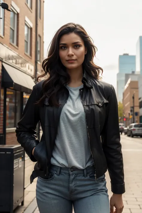 <lora:mondongo_LoRA_ShelleyConn_v2:1> mndngwmn, wearing a leather jacket, on a city downtown, (ultra realistic, 8k,high quality)