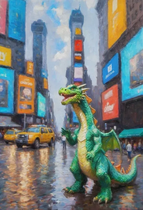 GoPro selfie of a dragon in times square impressionism oil painting