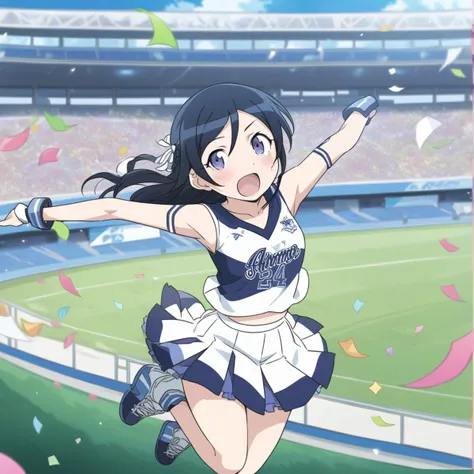 ayase,  <lora:ayase_XL:1>, cheerleader, jumping, open mouth, football stadium, full body, ultra-detailed, detailed, beautiful detailed eyes, beautiful detailed face, anime coloring, official style, 8K, highres, newest, late,  solo, cute