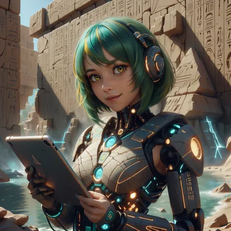 <lora:EgyptTech:0.8> egypttech ,scifi, hieroglyphs, sandstone,
slim, skinny, small breasts, (red eyes:1.2), green hair, multicolored hair, aqua hair, bob cut, side smile, closed mouth, looking at viewer, holding a tablet ,