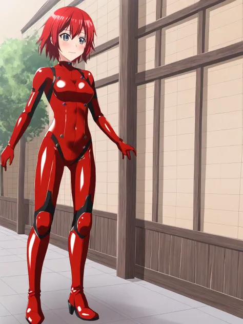 (art by akiko takase:1.3), 1girl, standing, in a town, (town:1.4), red leather bodysuit,  <lora:ConfettiTail:1>, red hair, solo