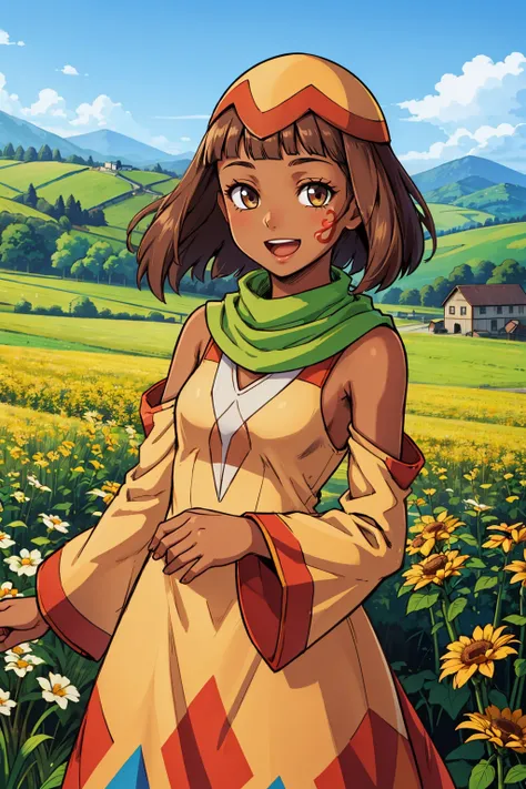 masterpiece, best quality,  <lora:cruxie-nvwls-v1-000010:0.9> cruxie, dark skin, facepaint, hat, tan dress, green scarf, detached sleeves, looking at viewer, smile, open mouth, village, farm, field