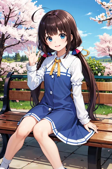 masterpiece,best quality,highres,ultra-detailed,hinatsuru ai,long hair,ahoge,low twintails,school uniform,neck ribbon,dress,blue dress,white shirt,short over long sleeves,socks,white socks,shoes,blue footwear,<lora:hinatsuru_ai:0.8>,outdoors,cherry blossom...