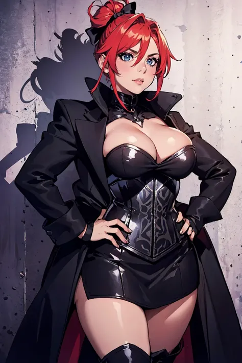 (portrait:1.2), adult, large breasts, woman, (Messy Chignon:1.3), wearing lgdress_2, black and silver Avant-garde high collar jacket, brocade corset dress, heart cutout gloves, hair bow, knee high boots,  <lora:lgdress_2-11:0.6>, (Point-of-view shot:1.1), ...