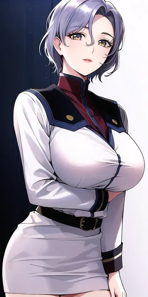 <lora:SallySaintFordV2:0.7> sallysaintford, huge_breasts, standing, solo, Naval_uniform_White_jacket_White_pencil_skirt_miniskirt_Belt_long_sleeves_turtleneck, masterpiece, best_quality, detailed_face, detailed_eyes, highres, beautiful, detailed,