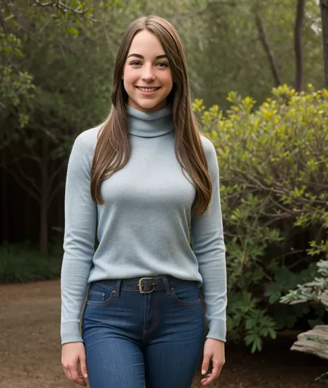 <j3r1l1>, ((nature background)), Ultra-HD-details, nature, upper body, smile, jeans, Turtleneck, 