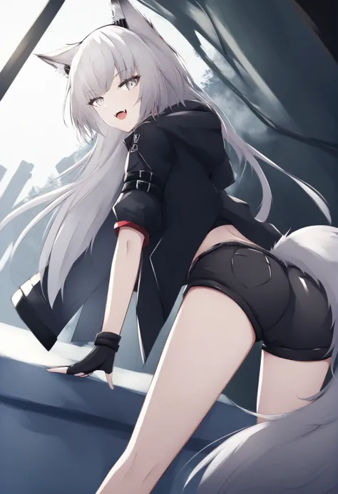 by nekoya (liu) , by nagishiro mito   , best quality, score_9, BREAK
1girl, lappland (arknights), silver hair,  wolf ears, bandeau, black jacket, black shorts, fangs, fingerless gloves, silver eyes, long hair, open clothes, from behind, bent over, looking ...