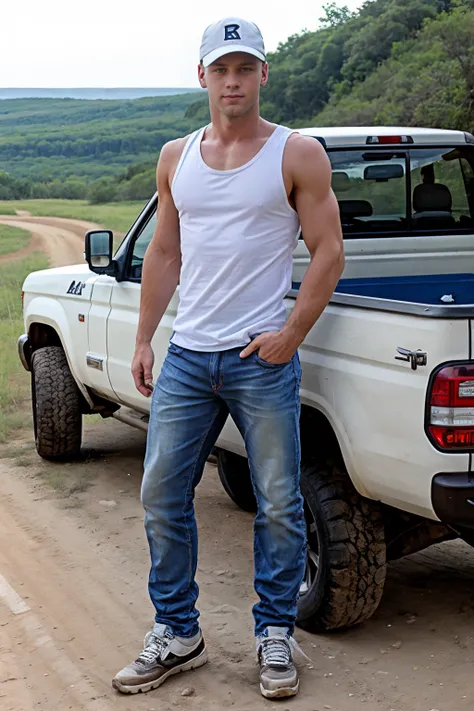 dirt road in the Appalachians, standing, leaning back on a pickup truck, BrandonEvans, wearing white tank top, baseball cap, denim jeans, sneakers, (((full body portrait))), wide angle <lora:BrandonEvans:0.8>