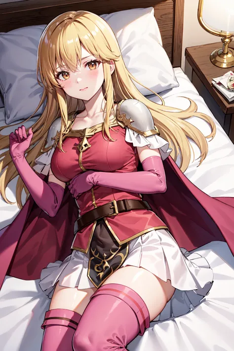 lying on bed, <lora:lachesisV1-2:0.85>,def_lachesis,looking at viewer, blush, pink shirt, thighs,white shoulder pad, thighhighs, cape, white miniskirt, zettai ryouiki,large breasts,pink elbow gloves, pink thigh boots, belt,breasts,pleated skirt, shirt,indo...