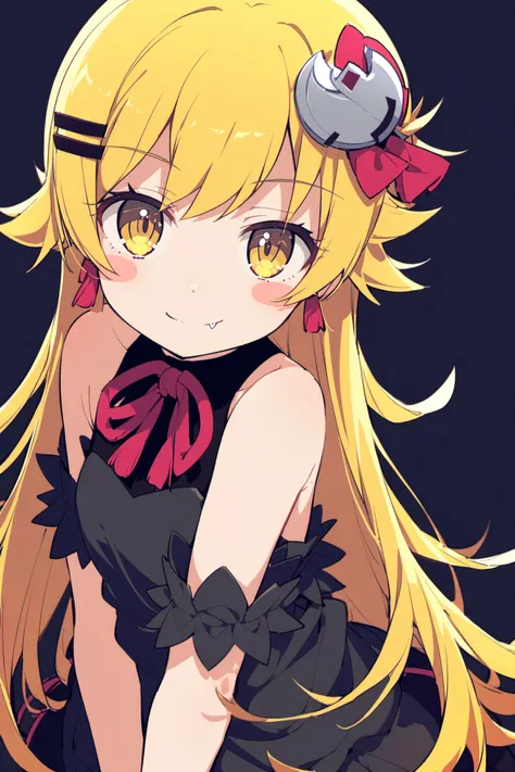 oshino shinobu,1girl,long hair,blonde hair,yellow eyes,solo,blush stickers,fang,dress,hairclip,hair ornament,smile,simple background,black background,looking at viewer,black dress,bare shoulders,fang out,<lora:è»pote_XL:0.8>,