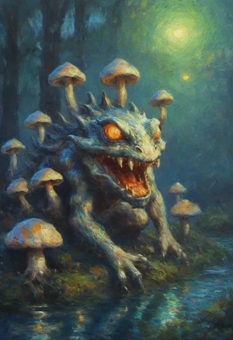 detailed expressive eyes fantasy style mystical many-eyed water demon iridescent scales in the moonlight among bioluminescent mushrooms and fireflies in the forest dark fantasy colorful impressionism oil painting