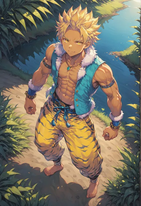 seiken_densetsu_mana_xl, 1boy, fur collar, solo, male focus, barefoot, fur trim, blonde hair, muscular, animal print, tiger print, spiked hair, abs, full body, jewelry, wristband, vest, pants, dark skin, necklace, yellow eyes,
on a dusty plain, light veget...