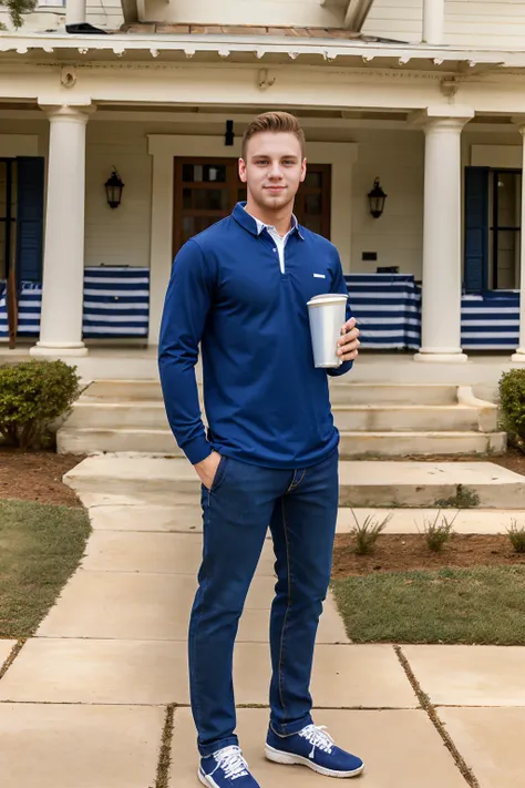 Greek style fraternity house, standing on porch with columns, BrandonEvans is a preppy frat boy, wearing a navy blue long sleeve shirt, Greek letters on shirt, blue jeans, sneakers, holding a plastic cup of beer, fraternity party, (((full body portrait))),...