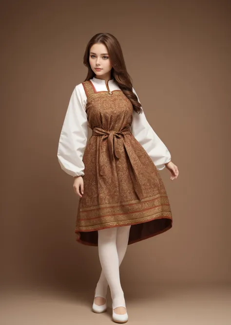 full body a beautiful woman,brown hair,blank background,round face,traditional clothing,, realistic,perfect anatomy,