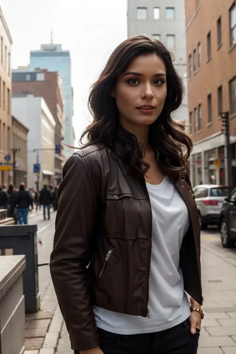 <lora:mondongo_LoRA_ShelleyConn_v2:1> mndngwmn, wearing a leather jacket, on a city downtown, (ultra realistic, 8k,high quality)