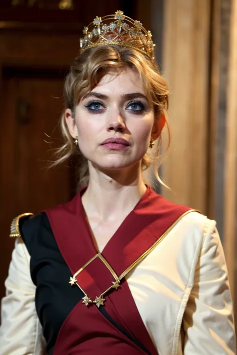 best quality,masterpiece,(queen uniform:1.4) ,pretty face,Rose hair accessories, earrings, eyeshadow,redlip,ponytail,open mouth,upper body,indoors ,(imogen poots), <lora:Imogen Poots V1:1>,looking at viewer,