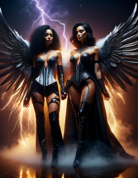 Photograph of  full body portrait of two woman, one in white, one in black, athletic build, with large metallic rainbow feather angel wings, glowing light from behind, floating in heavy rain, (((sexy pose))), lightning flash, Stormy night, white and rainbo...