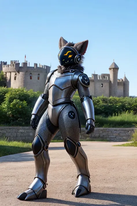 cinematic raw photograph of a knight, protogen armor, stainless steel , living machine, medieval castle in the background