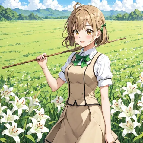 <lora:UniformLoraXL-000005:0.9>,mhuni34_clothes,1girl,brown hair,short hair,holding stick,field,Lilly,masterpiece,high quality,detailed,[green bow],anime