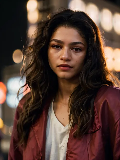 raw photo,(close-up),(masterpiece),znd,long curly hair,make-up,city street,red jacket,night,dof,volumetric lighting,(film grain:1),add_detail,(rim lighting:1.1)