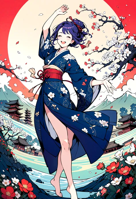 masterpiece (intricate:1.5) Ukiyo-E girl, smile,dress,dynamic pose,cheerful,flowers landscape