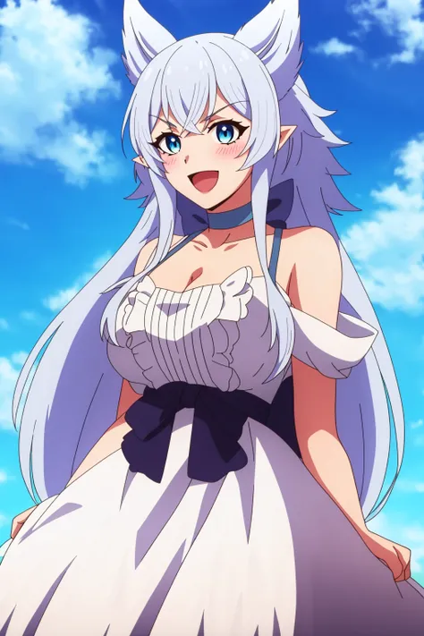 sysdeep_fenrys, 1girl, solo, long_hair, breasts, blush, smile, open_mouth, bangs, blue_eyes, large_breasts, dress, cleavage, collarbone, upper_body, white_hair, :d, sidelocks, outdoors, frills, sky, choker, day, pointy_ears, cloud, white_dress, arms_up, bl...