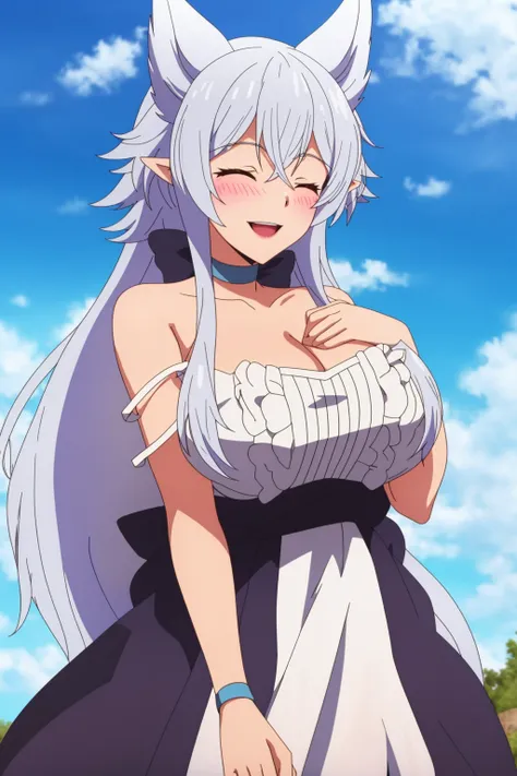 sysdeep_fenrys, 1girl, solo, long_hair, breasts, blush, smile, open_mouth, large_breasts, dress, cleavage, closed_eyes, upper_body, white_hair, sky, choker, day, pointy_ears, cloud, blue_sky, strap_slip, clenched_hands, anime_coloring