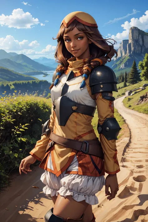 masterpiece, best quality,  <lora:cruxie-nvwls-v1-000010:0.9> cruxie, dark skin, hat, tan dress, armor, detached sleeves, bloomers, smile, blue sky, mountains, looking at viewer, furrowed brow, walking, boots, dirt road