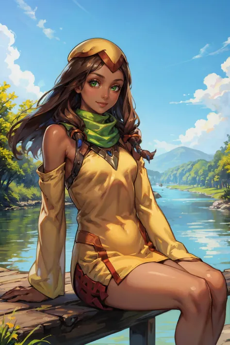 masterpiece, best quality,  <lora:cruxie-nvwls-v1-000010:0.9> cruxie, dark skin, hat, tan dress, green scarf, detached sleeves, smile, sitting, blue sky, looking at viewer, river