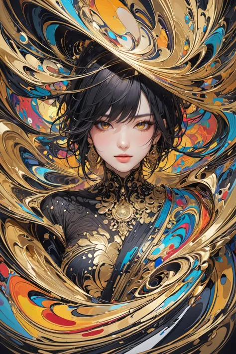 (masterpiece, top quality, best quality, official art, beautiful and aesthetic:1.2),(1girl,upper body:1.3),extreme detailed,(abstract art:1.2),colorful,highest detailed,black and gold,