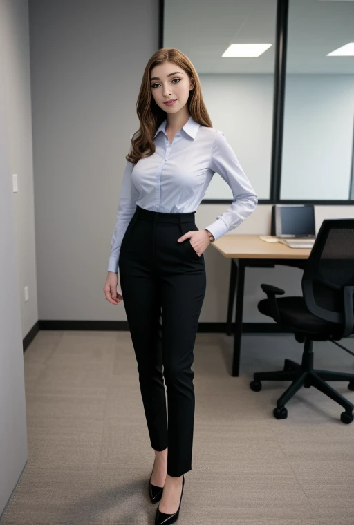 full body shot of business photo of olivia_casta, pants, black attire, big breasts, collared shirt, tucked shirt, <lora:olivia_casta:1>. Professional attire, workplace setting, confident. Whole outfit, clear, sharp, balanced