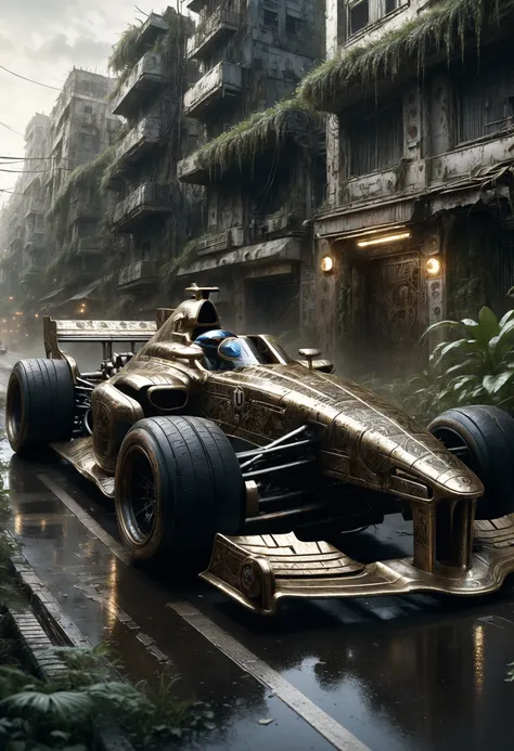 f1 car made of dvr-frft racing on a circuit, in a post-apocalyptic city overgrown with lush vegetation, by Luis Royo, by Greg Rutkowski, dark, gritty, intricate, backlit, strong rimlight, cover illustration, concept art, volumetric lighting, volumetric atm...