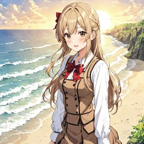 mhuni34_clothes,1girl,long hair,brown eyes,outdoors,beach,see,wet,masterpiece, high quality,anime,[red bow],[buttons], <lora:UniformLoraXL-000004:1>