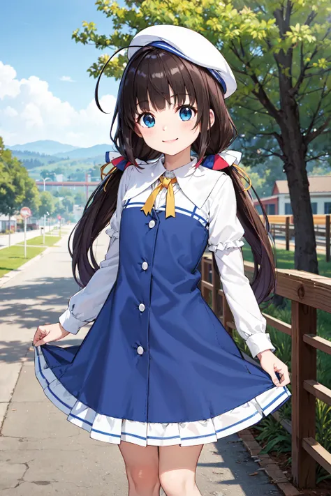 masterpiece,best quality,highres,ultra-detailed,hinatsuru ai,beret,white headwear,long hair,ahoge,low twintails,school uniform,neck ribbon,dress,blue dress,white shirt,short over long sleeves,socks,white socks,shoes,blue footwear,<lora:hinatsuru_ai:0.8>,ou...