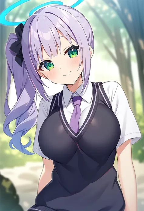 1girl, blue archive, solo, 
long hair, wavy hair, purple hair, side ponytail, green eyes, large breasts, white shirt, collared shirt, sweater vest, purple necktie, seductive smile, head tilt, halo, 
forest, blurry background, yano mitsuki (nanairo), mika p...