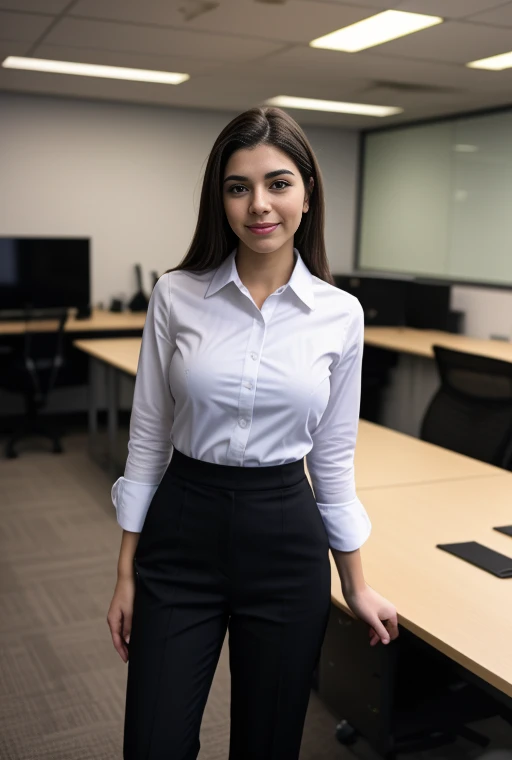 full body shot of business photo of sheila_ortega, pants, black attire, big breasts, collared shirt, tucked shirt, <lora:sheila_ortega:1>. Professional attire, workplace setting, confident. Whole outfit, clear, sharp, balanced