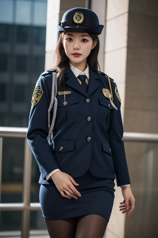 ltra-detailed,highly detailed,best quality,masterpiece,illustration,realistic,photorealistic,
1girl, solo, japanese police uniform, 
a 24yo japanese policewoman wear police uniform, 
police hat, jacket, pencil skirt, pantyhose, armband, 
cowboy shot, looki...