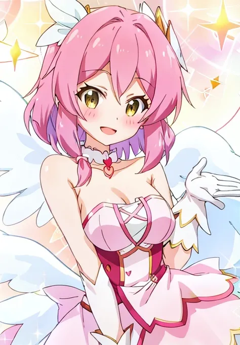 <lora:Killing_Slimes_300_Yrs_Max_Level:1>, Eno, solo, breasts, looking at viewer, blush, smile, short hair, open mouth, gloves, dress, bow, bare shoulders, collarbone, upper body, :d, hair bow, heart, frills, wings, choker, white gloves, star (symbol), spa...